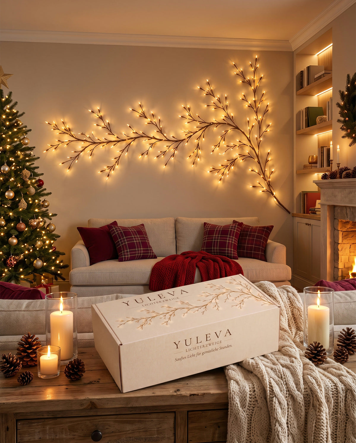 Yuleva Lichterzweig leuchtet an der Wand über dem Sofa, davor die Yuleva-Box