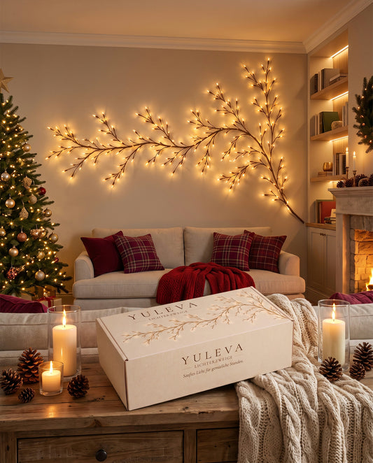 Yuleva Lichterzweig leuchtet an der Wand über dem Sofa, davor die Yuleva-Box