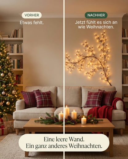 Vorher und Nachher: leere Wand und Wand mit leuchtendem Yuleva Lichterzweig