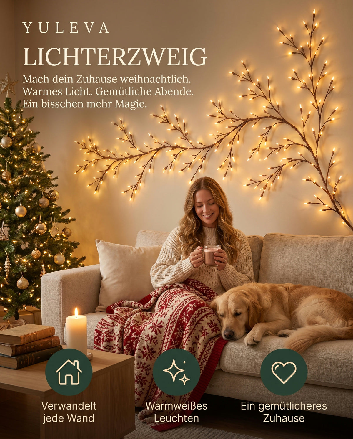 Frau mit Kakao und Hund auf dem Sofa unter dem leuchtenden Yuleva Lichterzweig