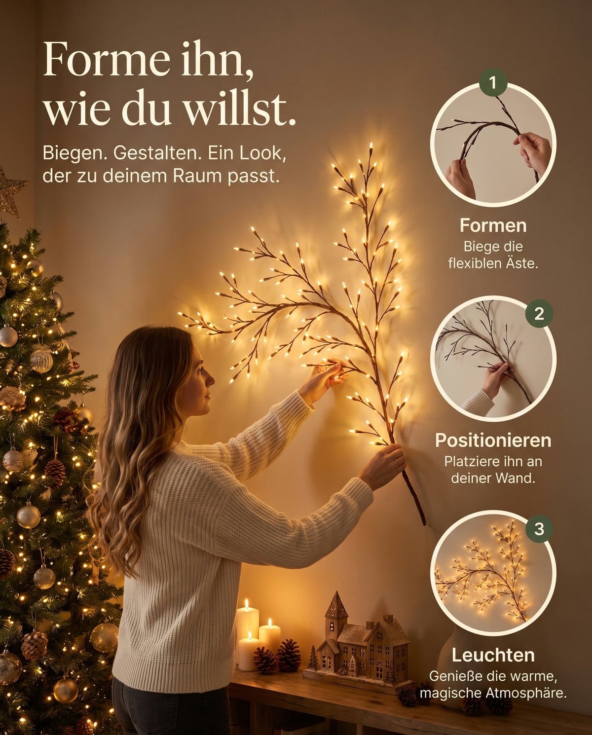 Frau formt den Yuleva Lichterzweig an der Wand, Schritte Formen, Positionieren, Leuchten