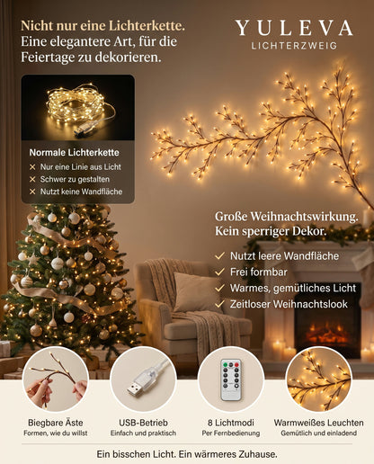 Yuleva Lichterzweig im Vergleich zu einer normalen Lichterkette, mit Details zu Biegbarkeit, USB, Lichtmodi und warmweißem Licht