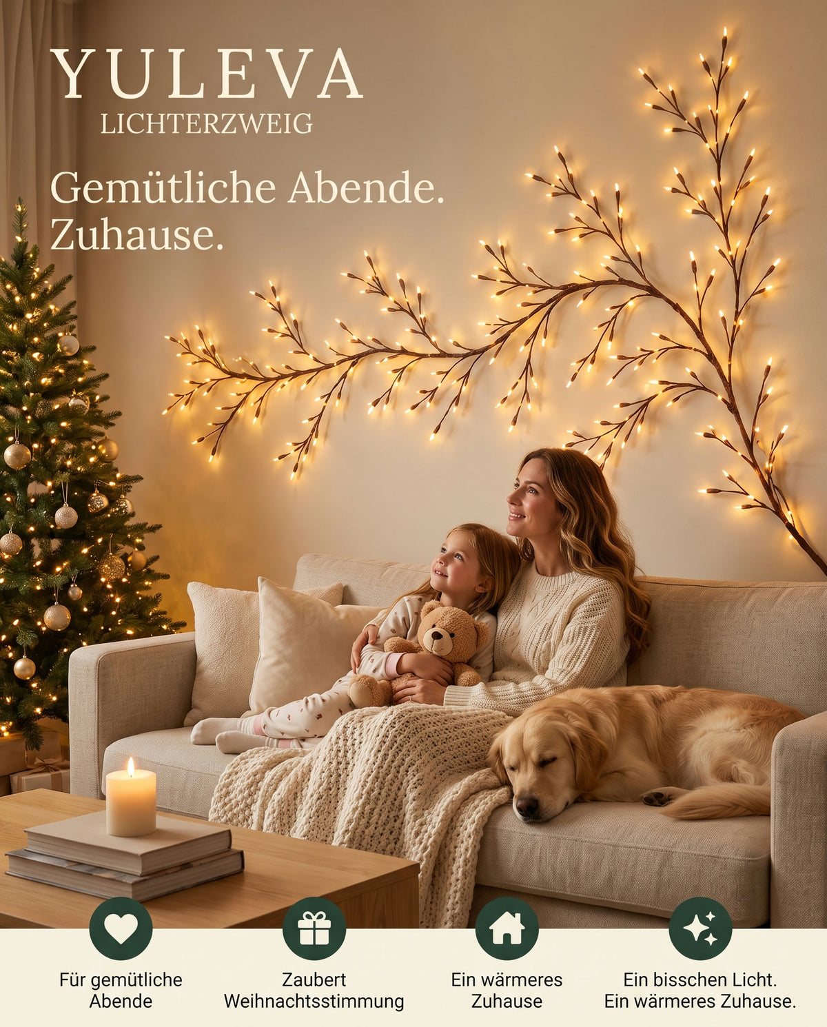 Mutter und Tochter auf dem Sofa unter dem leuchtenden Yuleva Lichterzweig
